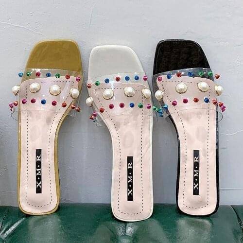 Thick Heel Sandals Women 2021 Summer New Pearl Noodle Flip Flops Women Fashion Outer Wear Mid-heel Women Sandals and Slippers