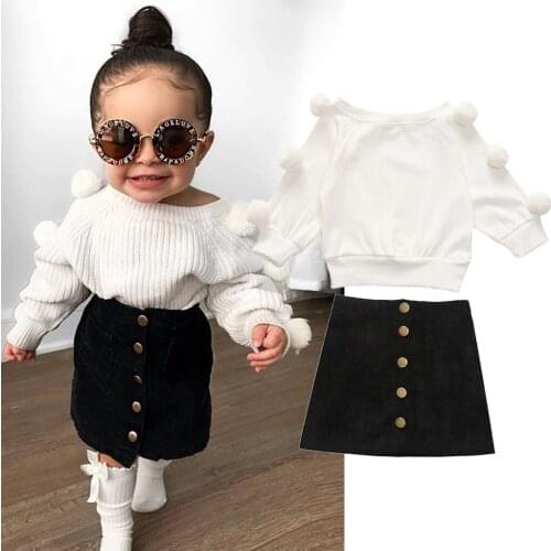 TELOTUNY 2Pcs Toddler Kids Baby Girls Autumn Clothes New Fashion White Hairball Knit Tops with Black Skirt Outfits Set