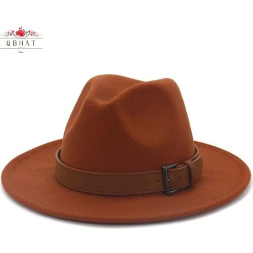 QBHAT High Quality Men Women Fedora Panama Wool Felt Hat with Brown Belt Buckle Large Brim Jazz Trilby Cap Party Wedding Hat