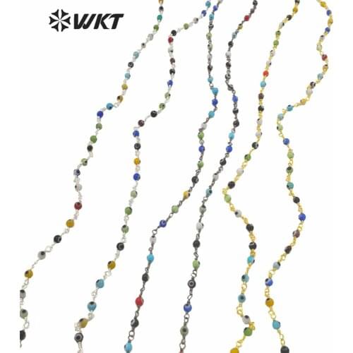 WT-RBC184 Facotry price women stone rosary chain 4mm round bead wire wrap handmade brass chain for necklace findings