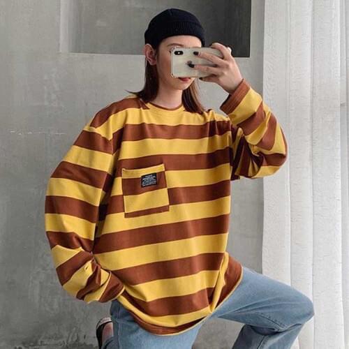 Womens Striped T-shirts Korean Style Autumn Long Sleeve Loose Ladies Streetwear Tee Tops WDC5894