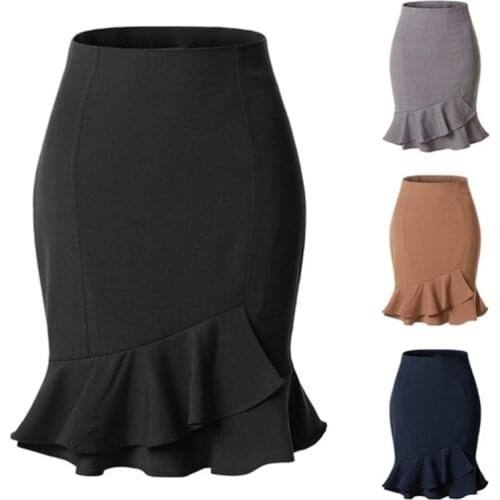Womens Korean Pencil Skirt 2021 Fashion Elegant High Waist Ruffle Black Skirt Office Ladies Sexy Plus Size Gray Skirt Jupe