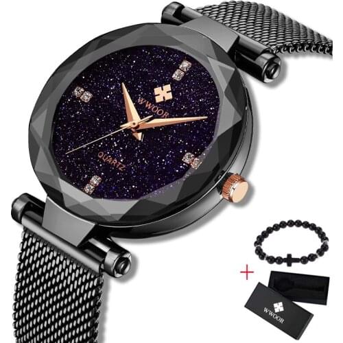WWOOR Women Fashion Black Quartz Watch Lady Mesh belt Watchband High Quality Casual Waterproof Wristwatch Gift for Wife 2019