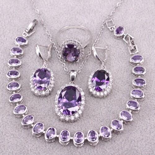 925 Silver Purple Topaz Wedding Women Jewelry Sets Earrings Necklace Set Womens Ring Bracelets Pendant For Woman
