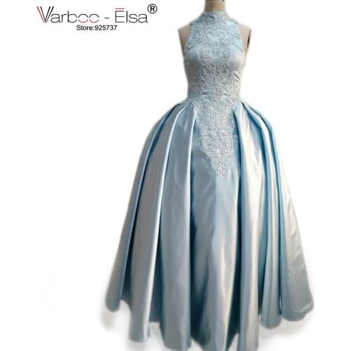 New Robe De Soiree Longue High Neck Women Evening Dress with Lace Flowers Long Evening Gown Party Dresses 2018 Blue Formal Dress