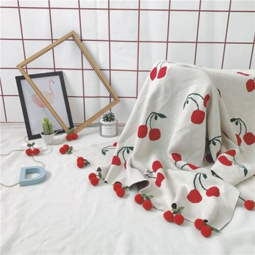 Fruit Pattern Cherry Strawberry Winter Thick Cotton knitted Pink Blanket With Tassels Balls Baby Kids Girls Blanket Quilt