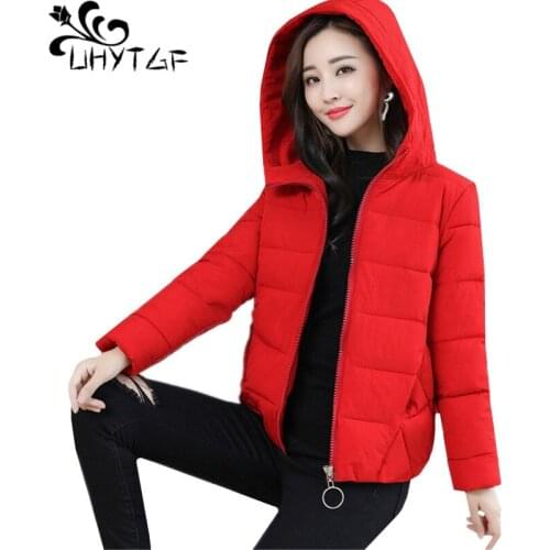 UHYTGF L-6XL Winter Jacket Women Thicken Hooded Down jacket Short Top outerwear parkas Women Oversized cotton coats 8 Colors 48