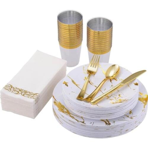70 Pcs Disposable Tableware Marble Plastic Dinner Plate Golden Cutlery Spoon Cup Napkin Set Wedding Birthday Party Supplies