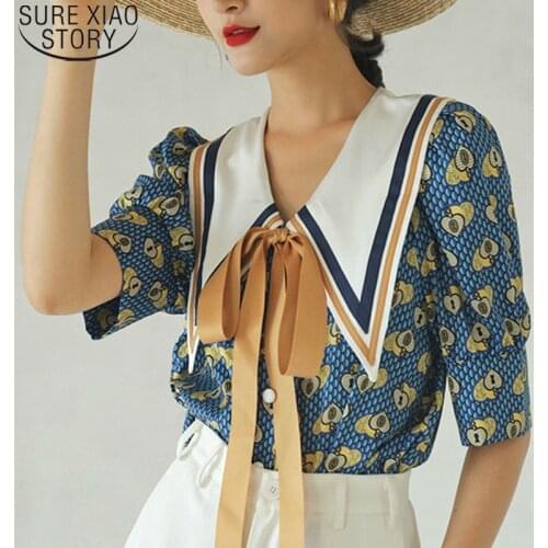 Vinatge Blouse Bow Tops 2021 Summer Korean Chic Puff Short Sleeve Print Shirt Women Shirts Fashion Loose Clothing Blusas 14636