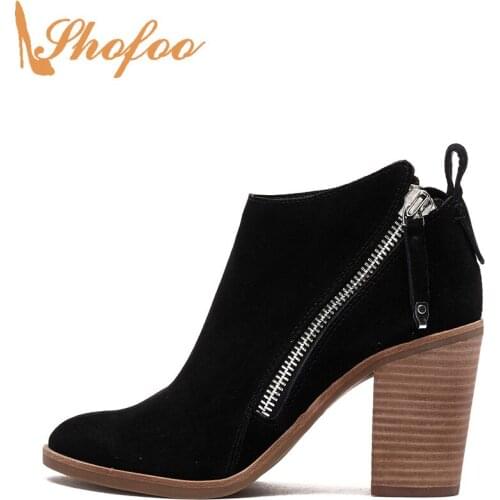 Black Ankle Boots High Chunky Heels Woman Almond Toe Double Zipper Booties Large Size 12 16 For Ladies Fashion Sexy Shoes Shofoo