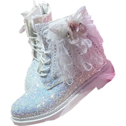 Sequins Martin boots high to help womens shoes thick lace JK Uniform Lolita Shoes Round Head Women Shoes Princess Kawaii Girl