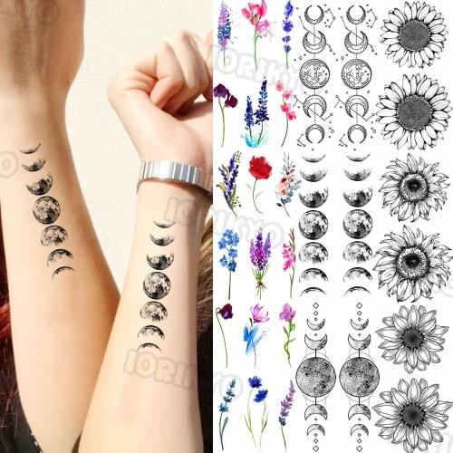 Black Universe Small Temporary Tattoos For Women Men Realistic Sun Flower Lavender Peony Fake Tattoo Sticker Arm Tatoos Body