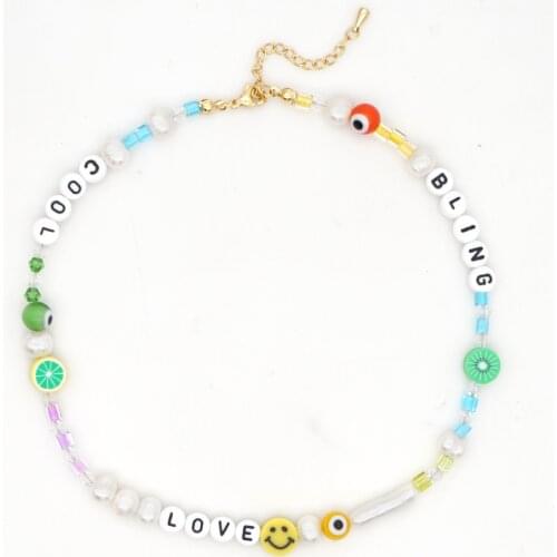 Go2Boho LOVE Letter Necklace Evil Eye Necklaces For Women Freshwater Pearl Smile Face Charm Boho Jewelry Fruit Patchwork Choker
