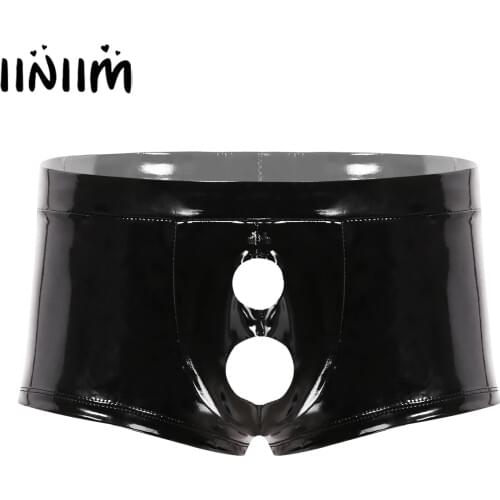 Iiniim Men Wet Look Leather Boxer Underwear Sissy Slip Panties with Penis Hole Sexy Low Rise Jockstrap Boxer Shorts Hot Lingerie