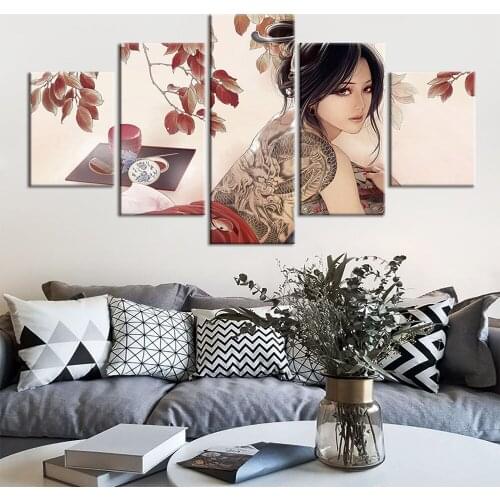Popular Wall Art Frame Canvas Fashion Posters HD Prints 5 Pieces Paintings Modern Tattoo girl Pictures for Living Room