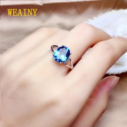 WEAINY Genuine S925 Sterling Silver Natural Swiss Blue Topaz Ring Womens Fashion Simple Jewelry November BirthStone
