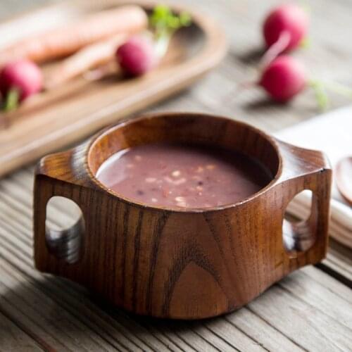 Japan Style Brown Eco-Friendly Frost Bowls Jujube Wood Children Breakfast Soup Noodles Creative Double Ears Tableware 3.5 Inch