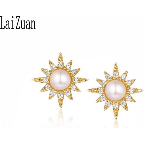 LaiZuan Real 18K Yellow Gold Genuine Fresh Water Pearl & SI/H Natural Diamonds Stud Earrings For Women Fine Jewelry Elegant Gift