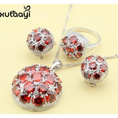Hot-selling Fashion Silver Jewelry Sets Huge Created Red Garnet Luxury Necklace Rings Earrings Christmas Gift For Women