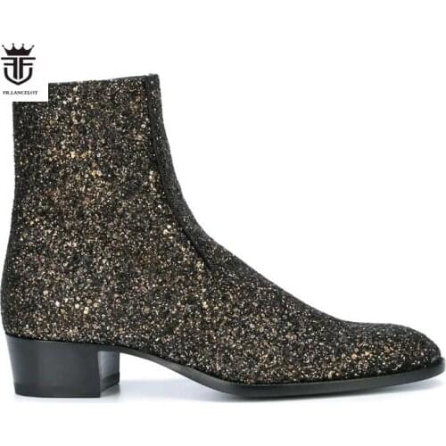 FR.LANCELOT 2020 New autumn men booties zip up Chelsea Boots sequin leather Ankle Boots Mens glitter black leopard Boots
