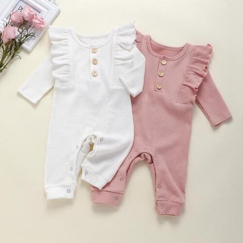 Baby Girls Solid Color Long Sleeve Lotus Edge Rompers 100% Cotton Stripes Design Fashion Rompers One-Pieces Romper