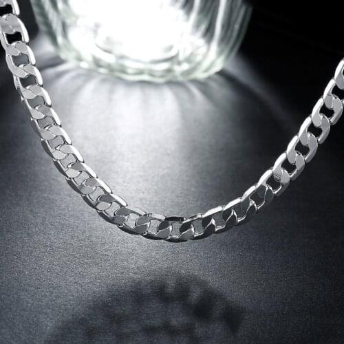 New 925 Sterling Silver 8mm Flat Side Chain Necklace Mens and Womens Wedding Birthday Charm Fashion Jewelry Christmas Gift