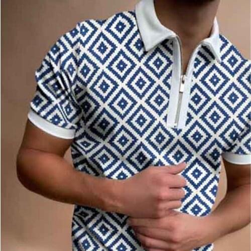 New MenS Short Sleeve Polo 2021 Summer Harajuku Streetw Fashion Patchwork Print Shirts Casual Turn-down Collar Zipper Design Top