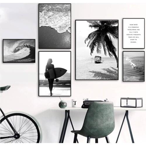 Nordic Sea Wave Beach Yacht Sexy Women Poster Coconut Tree Plant Landscape Wall Art Print Black White Canvas Painting Home Decor