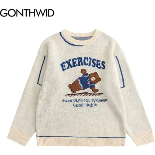 GONTHWID Sweaters Streetwear Harajuku Cartoon Bear Knitted Pullover Jumpers Sweater Fashion Loose Casual Men Hip Hop Tops