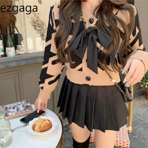 Ezgaga Bowknot Knit Cardigan Women Fashion O-Neck Geometric Outwear 2020 Autumn Winter Harajuku Crop Tops Korean Sweater Female