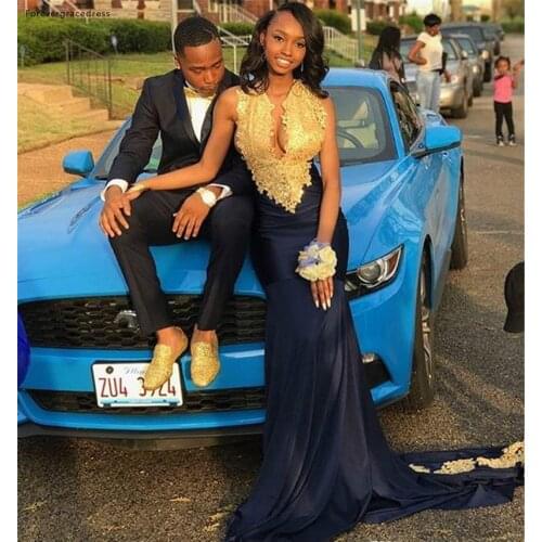 South African Black Girls Prom Dress Gold Appliques Formal Pageant Holidays Wear Graduation Evening Party Gown Plus Size