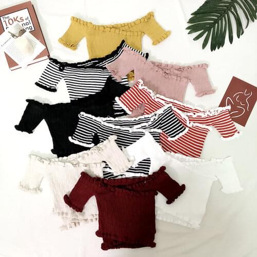 Woman TShirts Off-Neck Cross Stretch Striped T-shirt Shory Style Slim Top Crop Top Mujer Camisetas