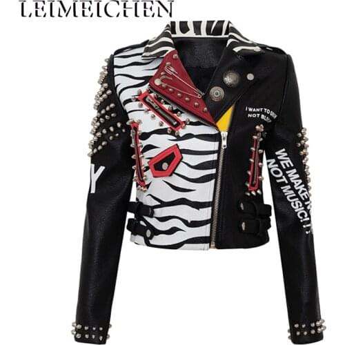 LEIMEICHEN PU Leather Jacket Women Personalized Graffiti Printing Short Leather Top Rivet Motorcycle Leather Jacket Female Coat
