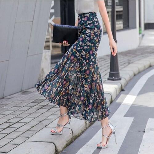 Faldas Mujer Moda 2020 Floral Fishtail Skirts Women Slim Package Hip Long Skirt Chiffon Ruffled Maxi Skirt Summer Chic Plus Size