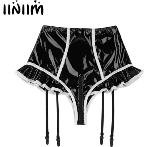 Womens Wetlook Miad Dress Panties latex Ruffled Lined Zipper Crotch Surspender Mini Shorts with Plastic Garters Sexy Clubwear
