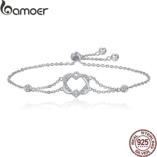 BAMOER Genuine 925 Sterling Silver Twisted Double Heart in Heart Chain Bracelets For Women Authentic Silver Jewelry Gift SCB022