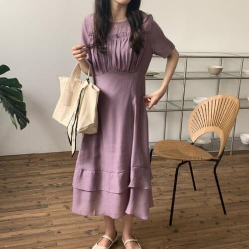 2021 Women Summer Elegant Patchwork Long Purple Dress Round Collar High Waist Folds A-line Pullover Maxi Sundress