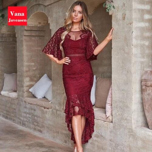 Lace Eembroidered Trumpet Dress Women Party Flare Sleeve High Waist Slim Dresses Robes Female Evening Ruffle Hem Elegant Dress