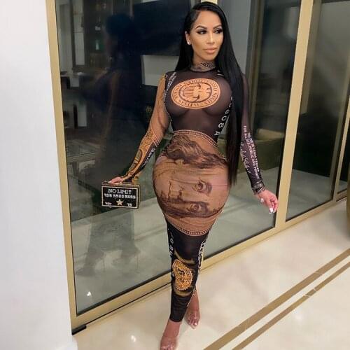 Womens Dress Evening Long Sleeve Bodycon Dress Fashion High Neck Sexy Mesh Party Club Dresses Autumn See Through Long Dresses