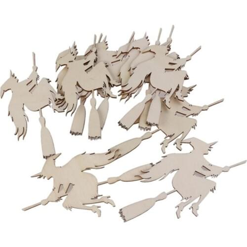 10pcs Wooden Embellishments Festival Party Christmas Decor Supplies Halloween Decoration Witch On The Broom Pattern Pendant