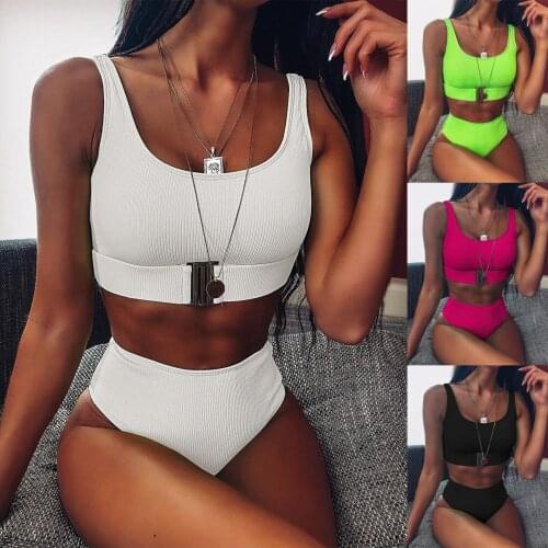 2021 New Sexy High Waist Bikini Swimsuit Women Swimwear Bandeau Push Up Bikini Set Buckle Bathing Suit Beach Wear Swimming Suit