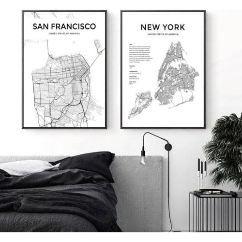 Abstract Geometry Black White Capital World Map Route Line Text Canvas Painting Sofa Wall Picture Poster Living Room Decoration