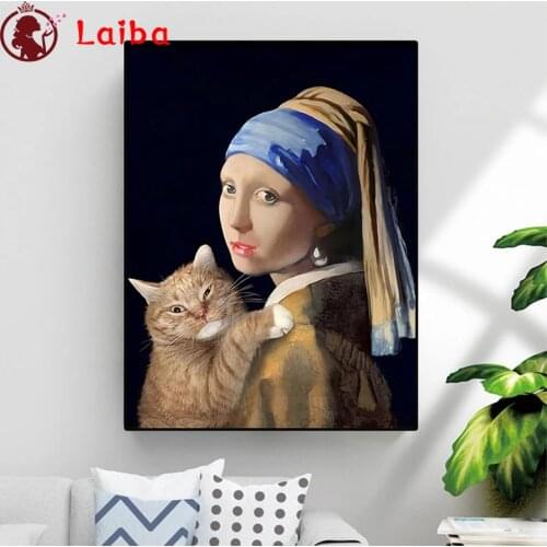 Diamond Embroidery Famous art pearl earring girl cat Diamond Painting Full Square round drill Mosaic Cross Stitch Wall Art