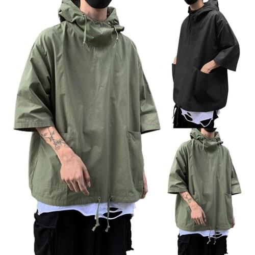 Fashion Loose Men T-shirt Hooded Half Sleeve Solid Color Soft Large Pockets Men Hooded Drawstring Summer Pullover Top Streetwear