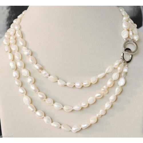 Hot 3 Rows 7-8mm Real Baroque White Freshwater Pearl Jewelry Necklace 17-20"
