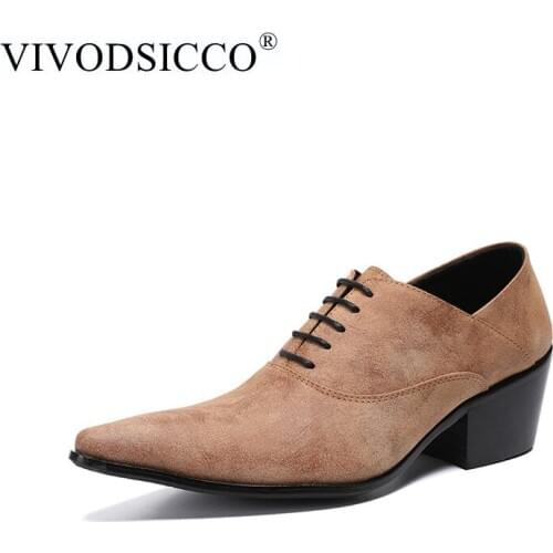 VIVODSICCO Men Suede Leather Oxford Shoes Fashion Dress Wedding Groom Shoes Breathable Pointed Toe High Heels Formal Business