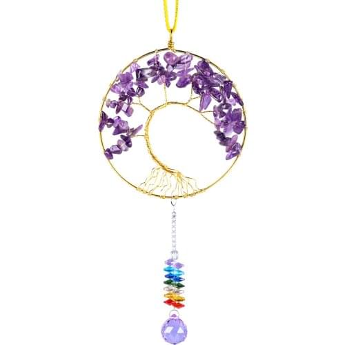 Natural Crystal Quartz Tree Of Life 7 Chakra Reiki Healing Slices Mineral Stone Handmade Wall Hanging Ornaments Home Decoration