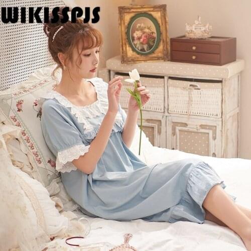 WIKISSPJS2021 NEW Summer new pajamas female princess style home wear short-sleeved nightdress lace home wear Cotton Round Neck