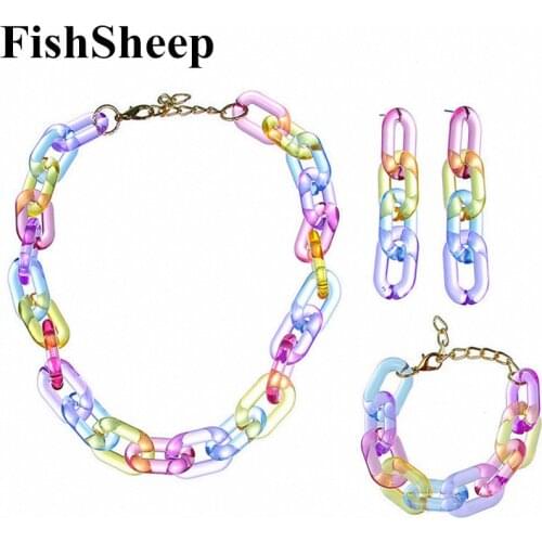 FishSheep Statement Clear Acrylic Colorful Chain Necklace Resin Geometric Long Circle Link Choker Collar Necklace Women Jewelry