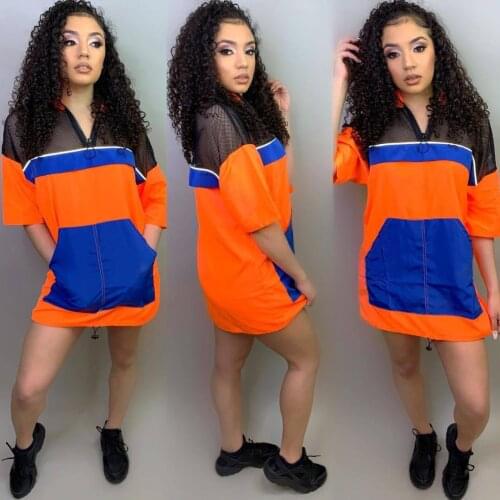 Neon Greem Orange Sexy Bandage Dress Women Mesh Patchwork Hollow T Shirt Dress Streetwear Stand Collar Half Sleeve casual style